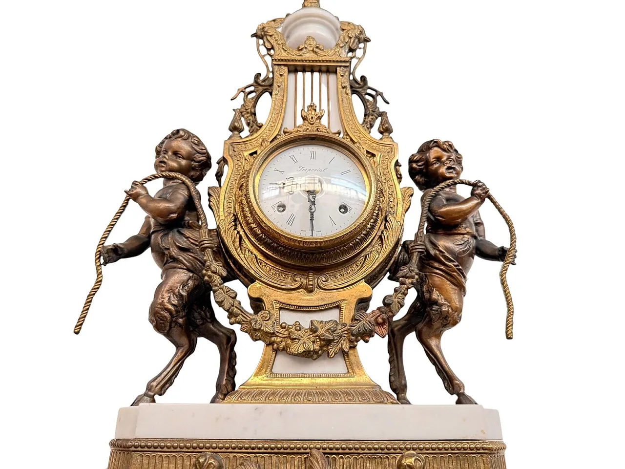 Triptych clock and candelabra in gilded bronze and marble,20th century 7