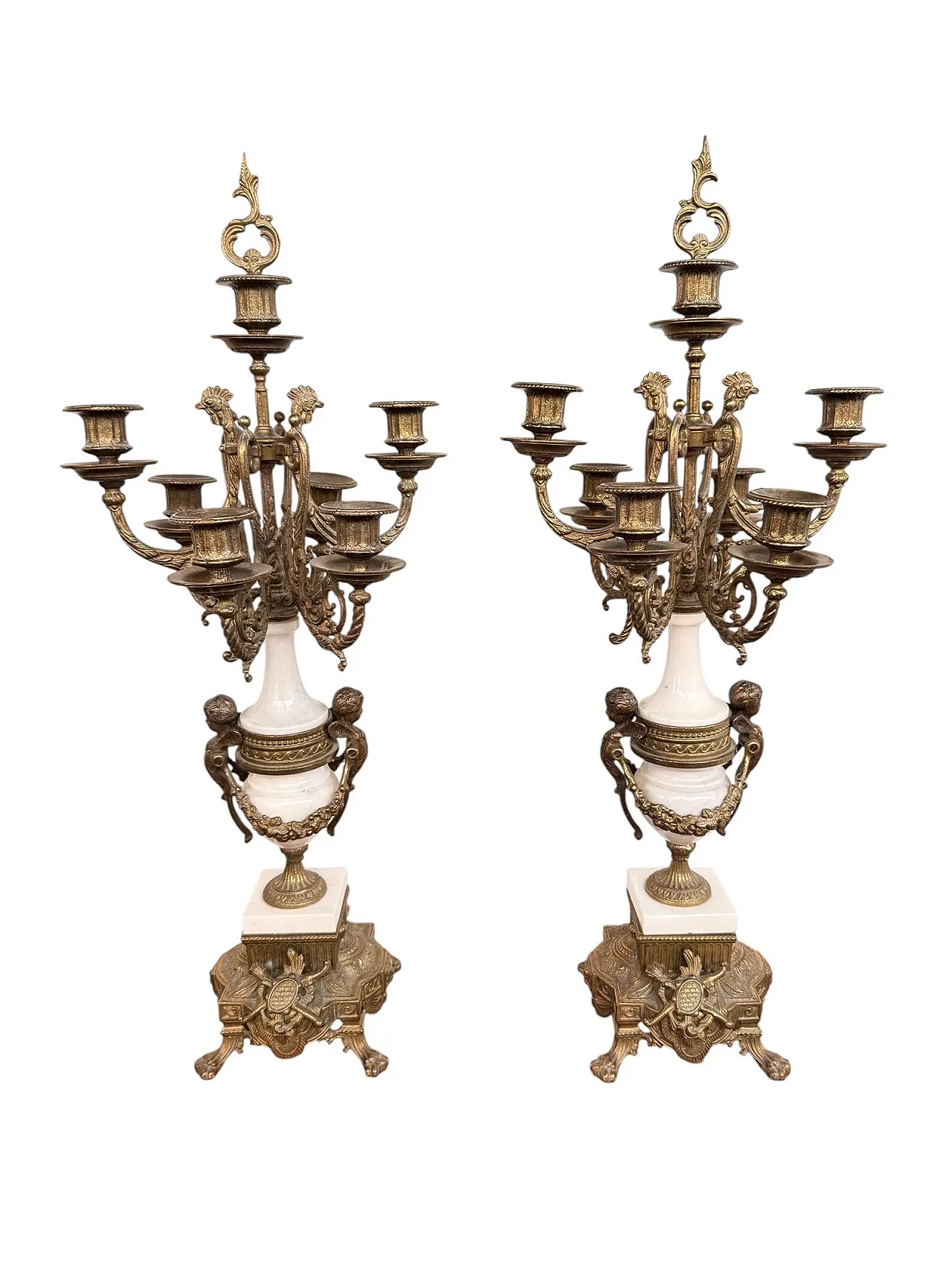 Triptych clock and candelabra in gilded bronze and marble,20th century 12
