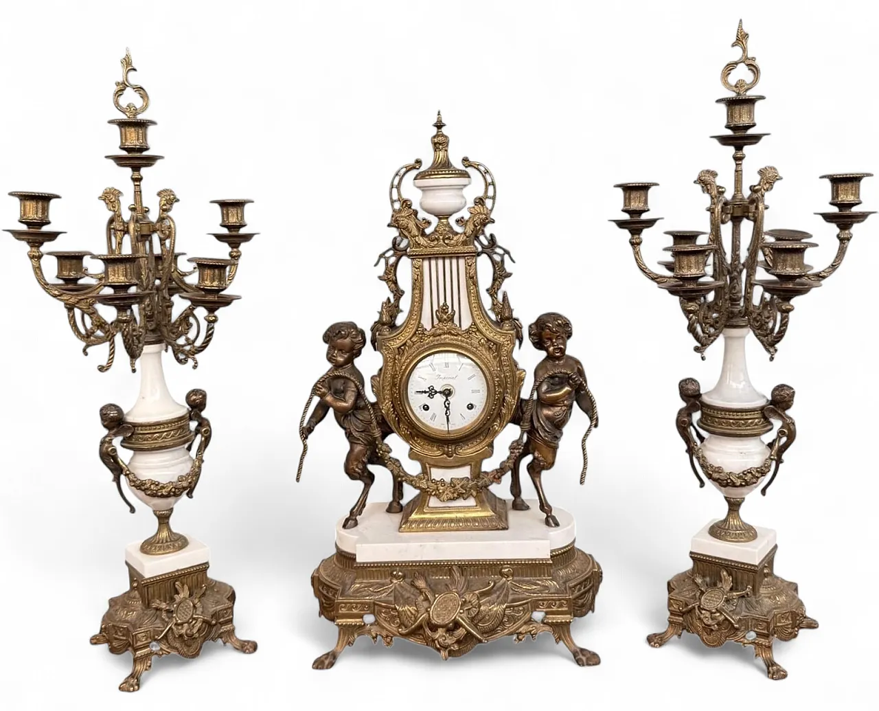 Triptych clock and candelabra in gilded bronze and marble,20th century 16