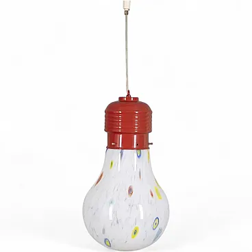 Lampadario con lampadina in vetro decorata, anni '80