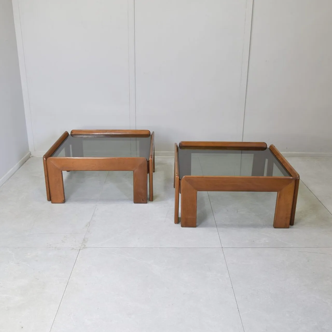 Pair of walnut and smoked glass tables by Afra & Tobia Scarpa, 1970s 1
