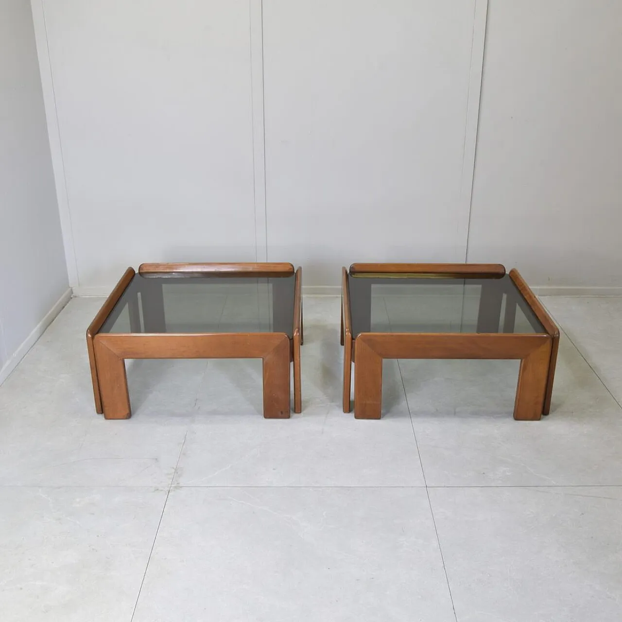 Pair of walnut and smoked glass tables by Afra & Tobia Scarpa, 1970s 2