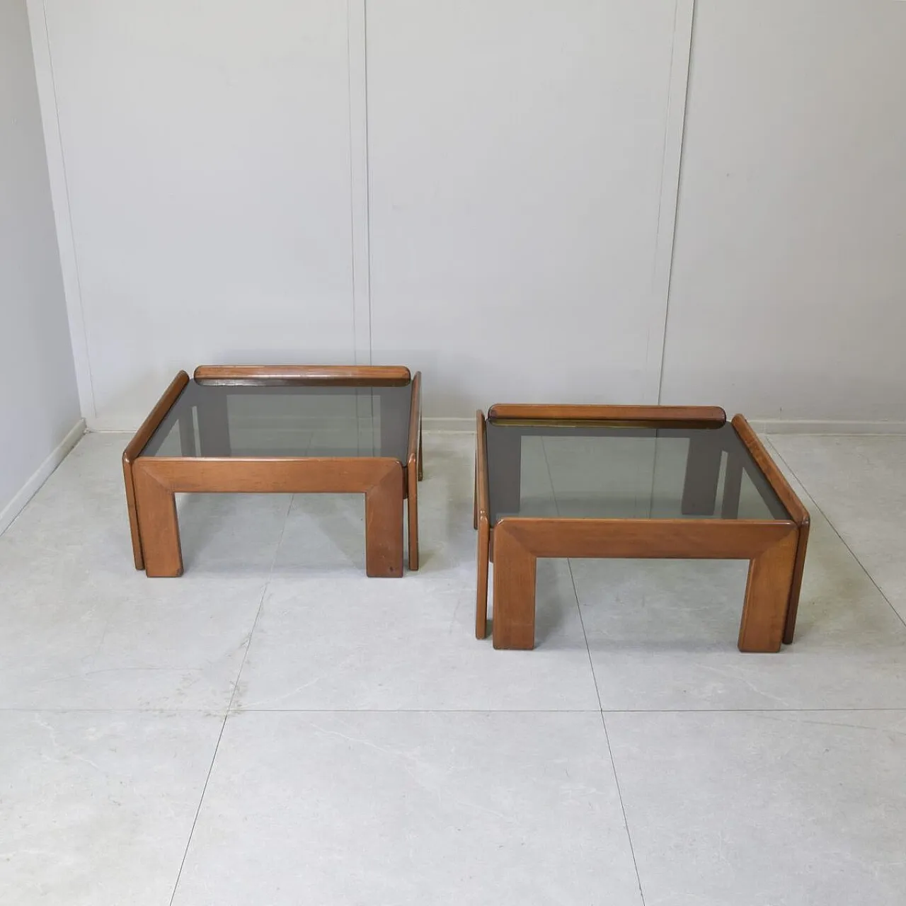 Pair of walnut and smoked glass tables by Afra & Tobia Scarpa, 1970s 3