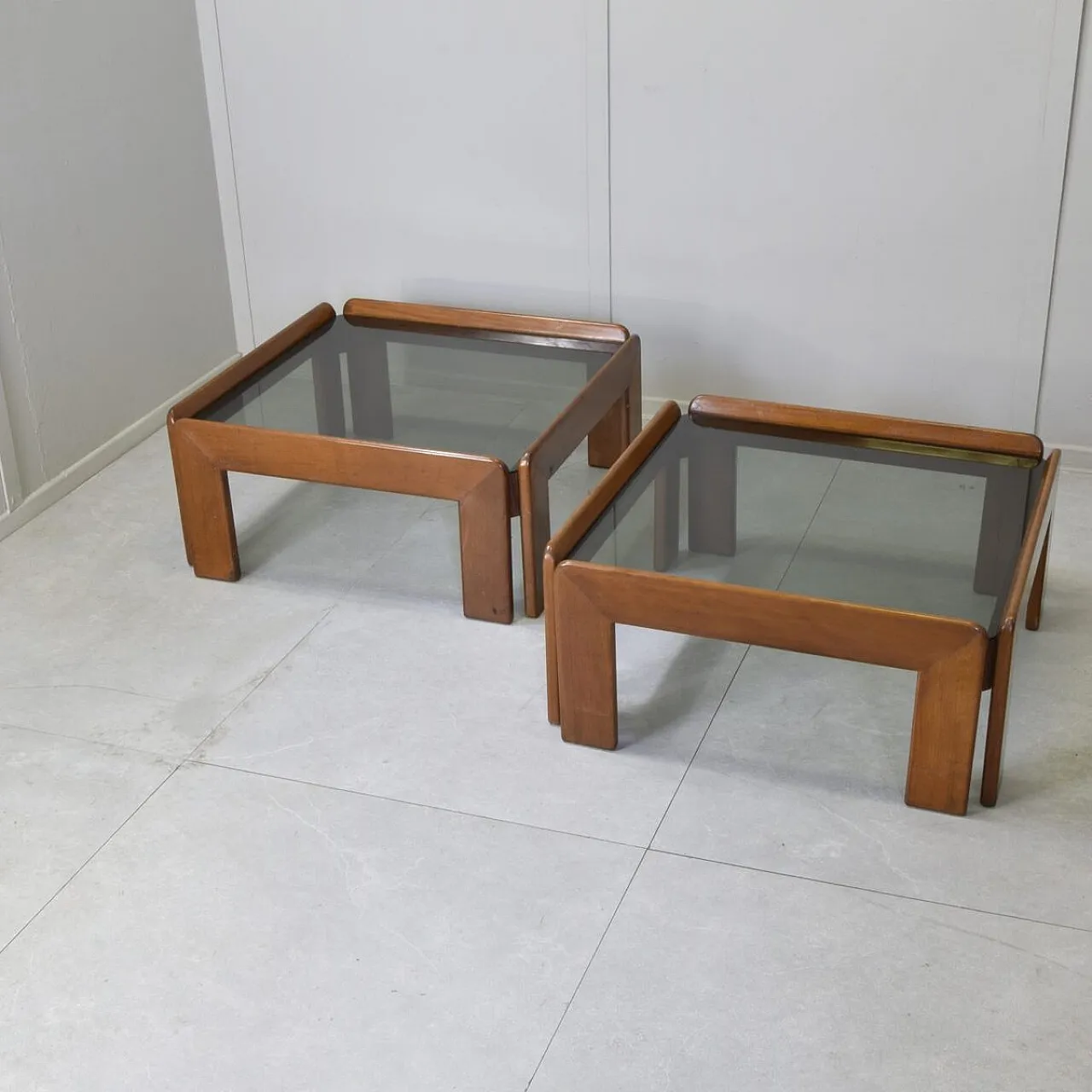 Pair of walnut and smoked glass tables by Afra & Tobia Scarpa, 1970s 4