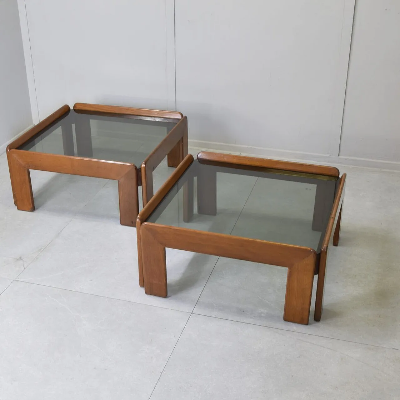 Pair of walnut and smoked glass tables by Afra & Tobia Scarpa, 1970s 5