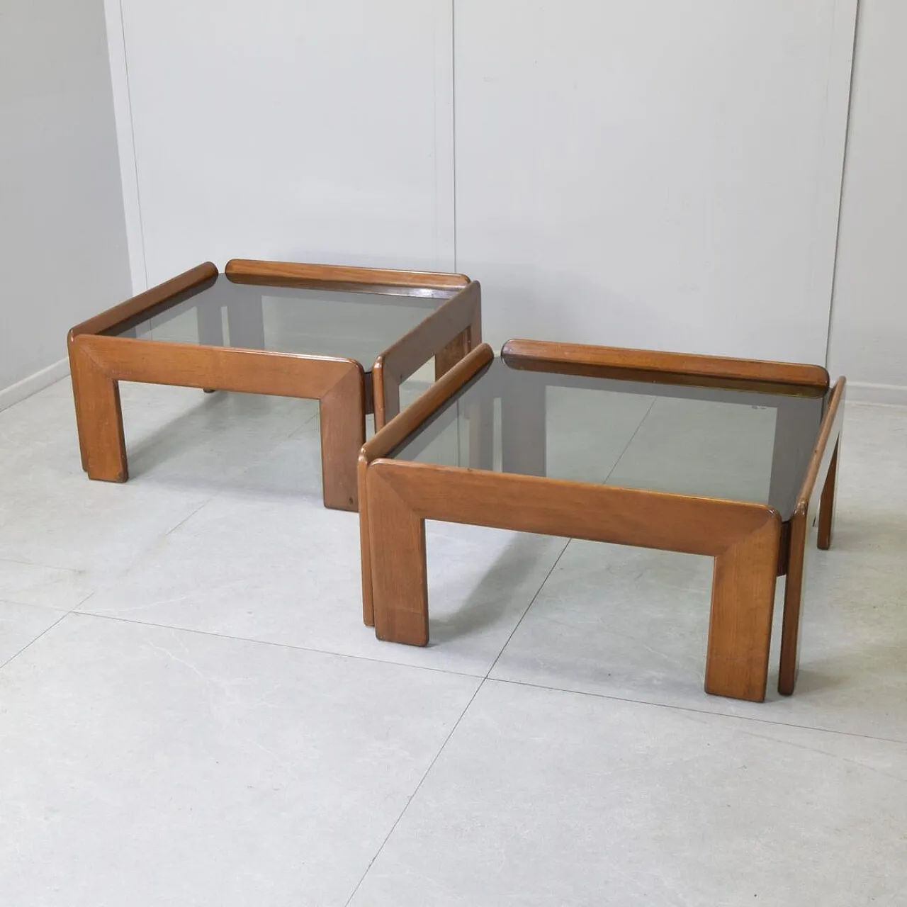 Pair of walnut and smoked glass tables by Afra & Tobia Scarpa, 1970s 6
