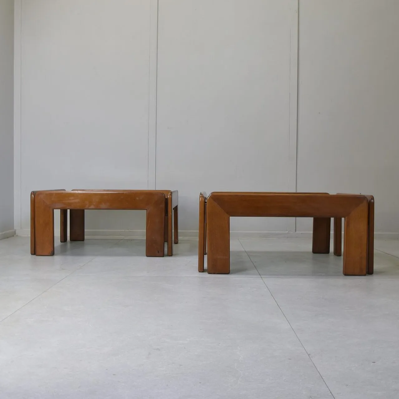 Pair of walnut and smoked glass tables by Afra & Tobia Scarpa, 1970s 7