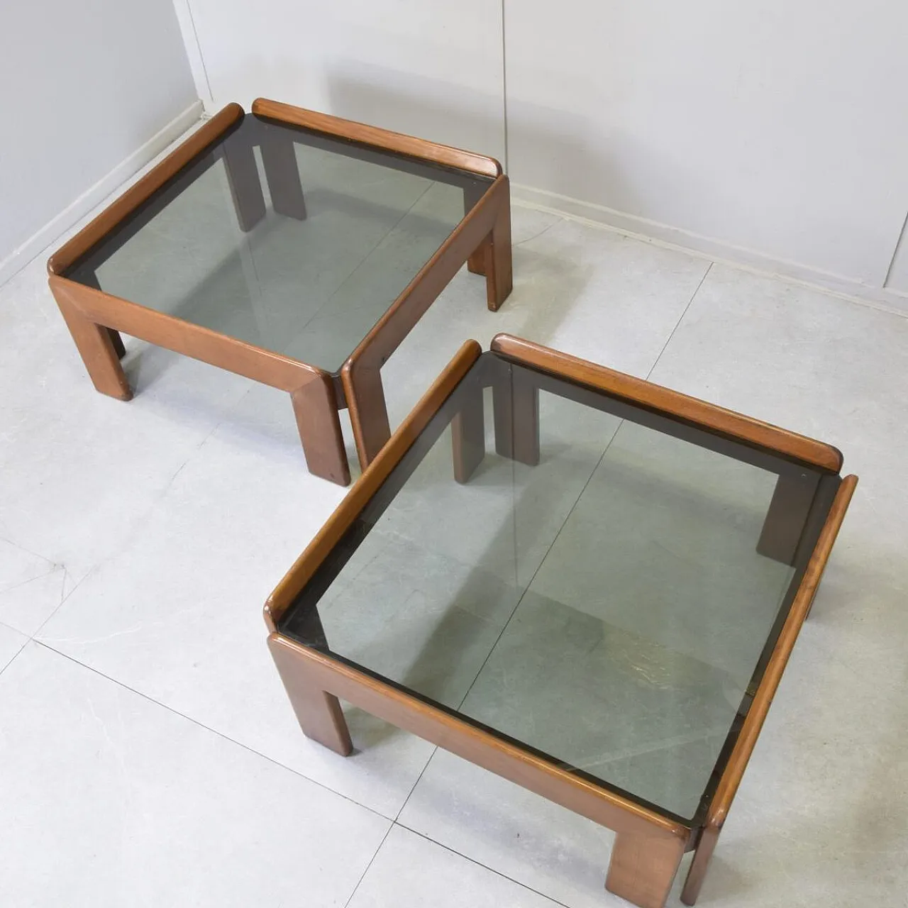 Pair of walnut and smoked glass tables by Afra & Tobia Scarpa, 1970s 8