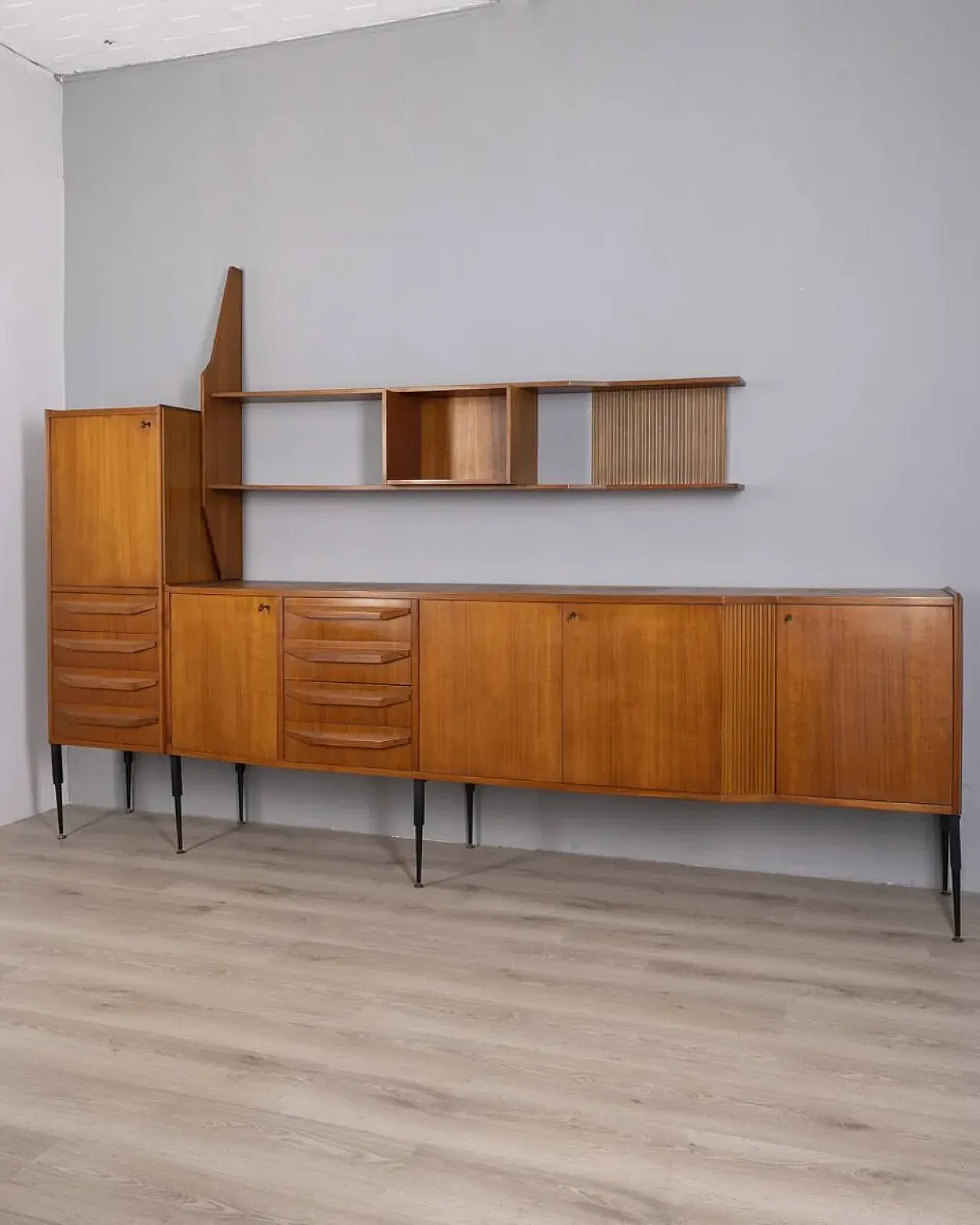 Teak sideboard with wall-mounted system, 1960s 11