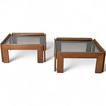 Pair of walnut and smoked glass tables by Afra & Tobia Scarpa, 1970s