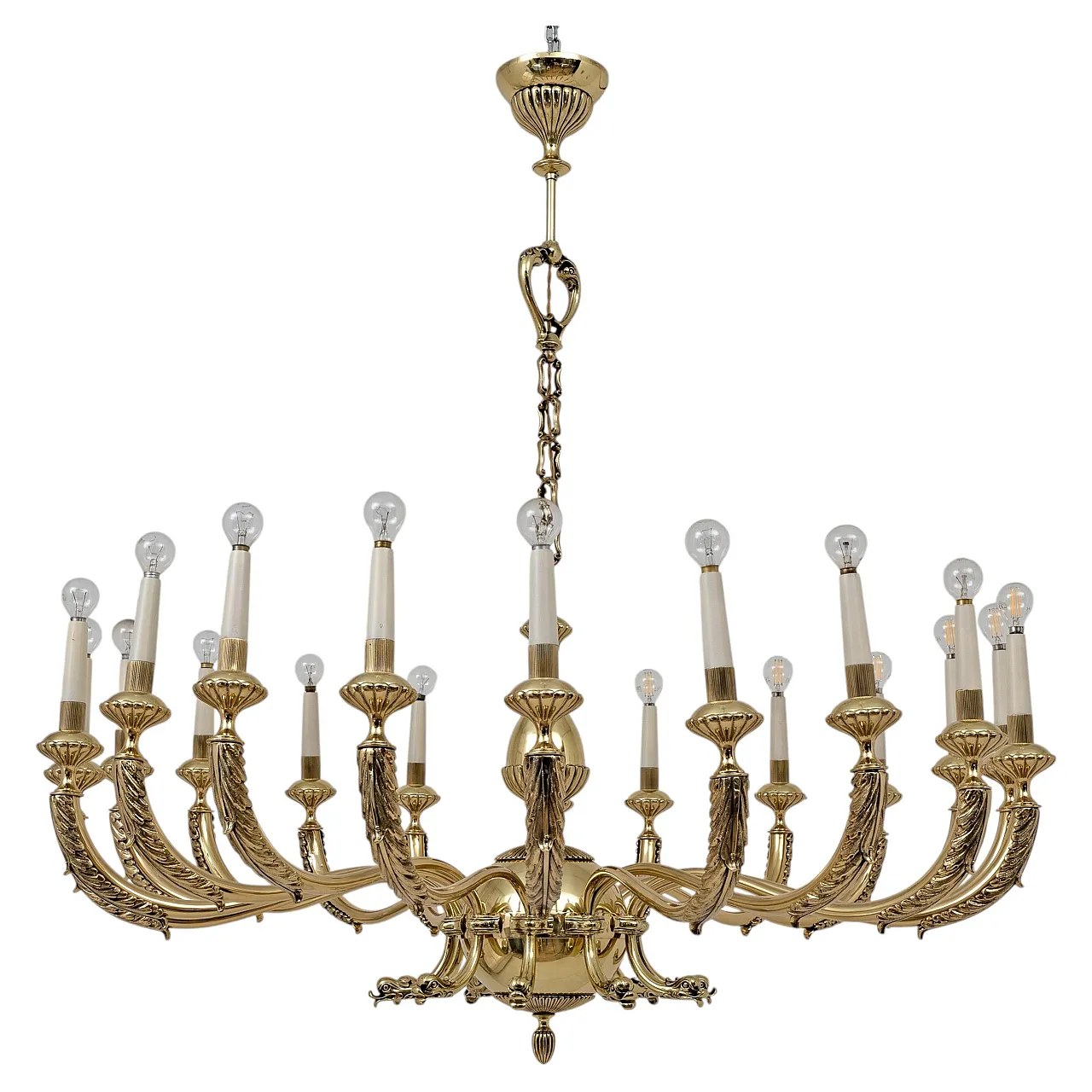 Neoclassical style 20-light brass chandelier, 1950s 1