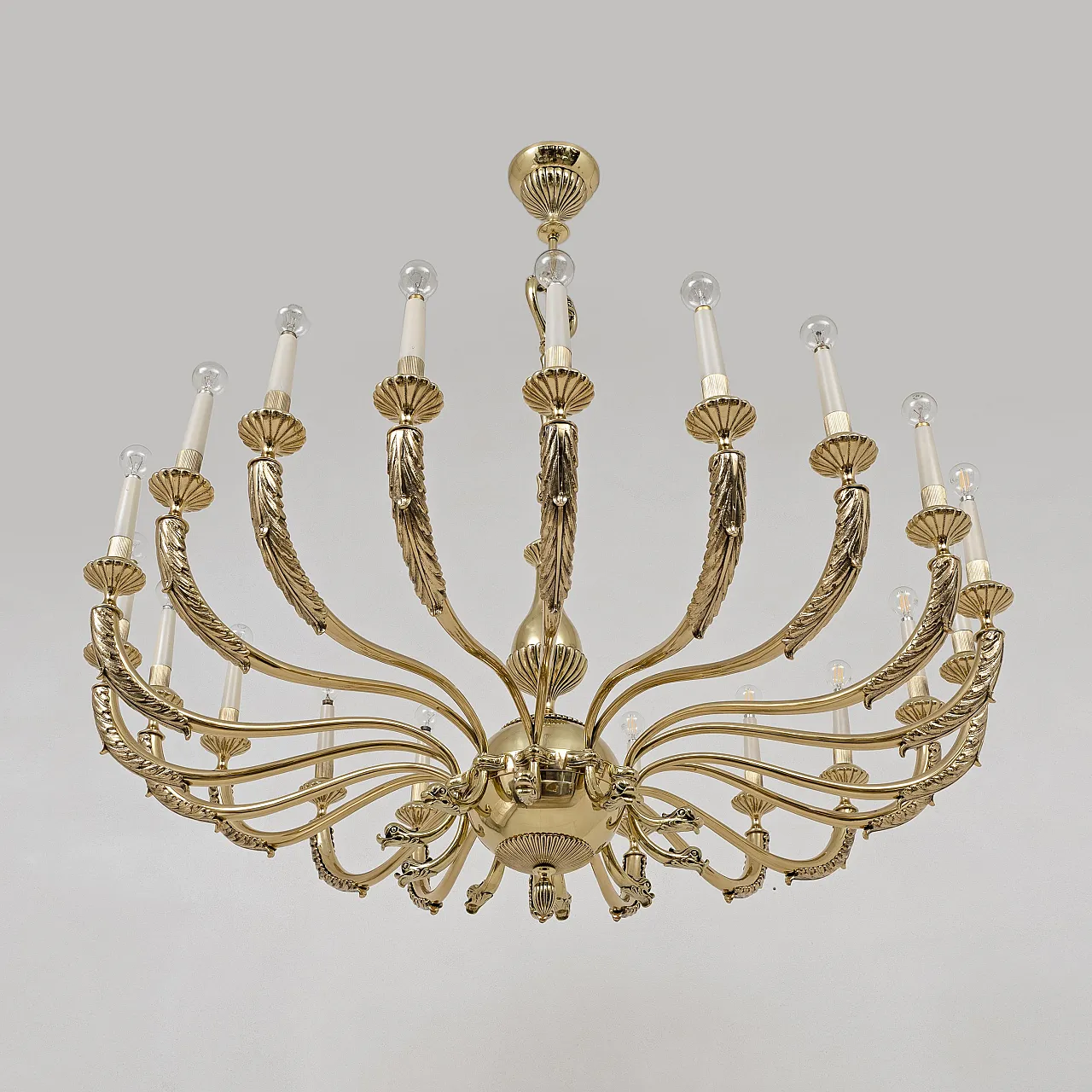 Neoclassical style 20-light brass chandelier, 1950s 2