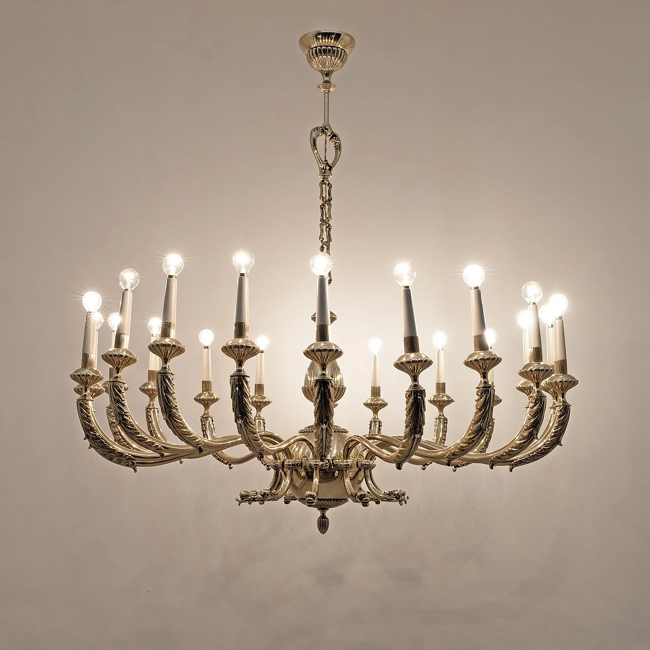 Neoclassical style 20-light brass chandelier, 1950s 5