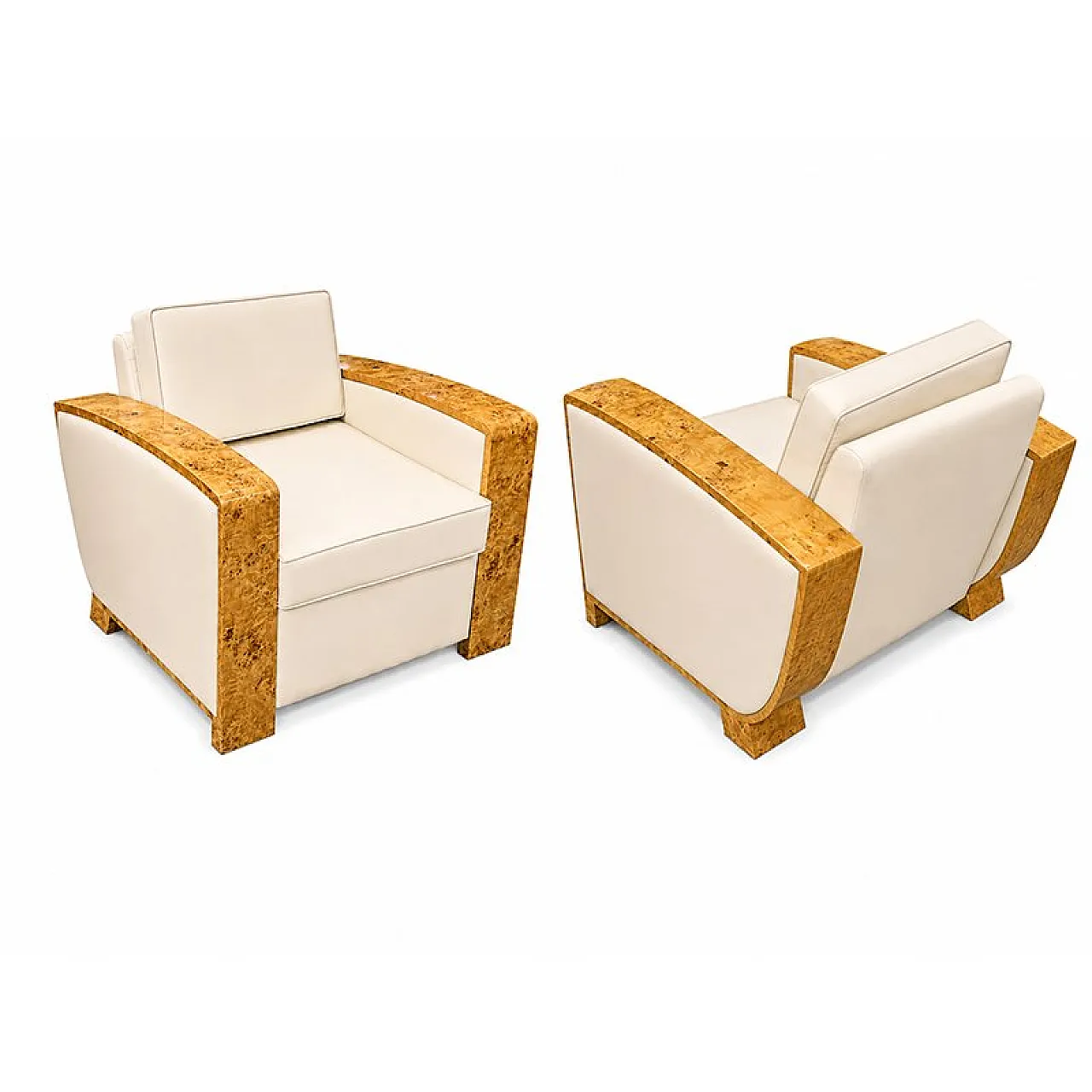 Pair of Art Deco amchairs in briar root and ivory leather, 1950s 1