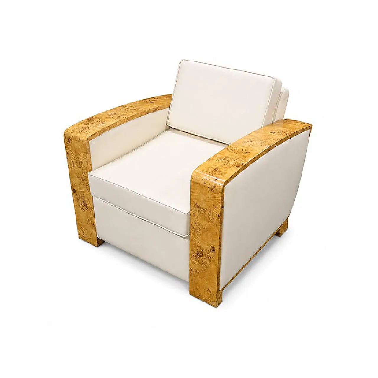Pair of Art Deco amchairs in briar root and ivory leather, 1950s 2