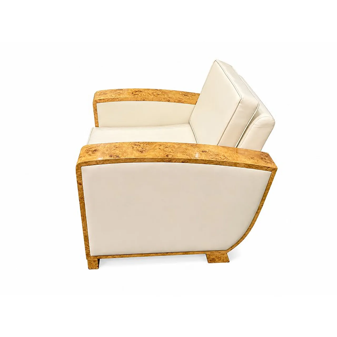 Pair of Art Deco amchairs in briar root and ivory leather, 1950s 3