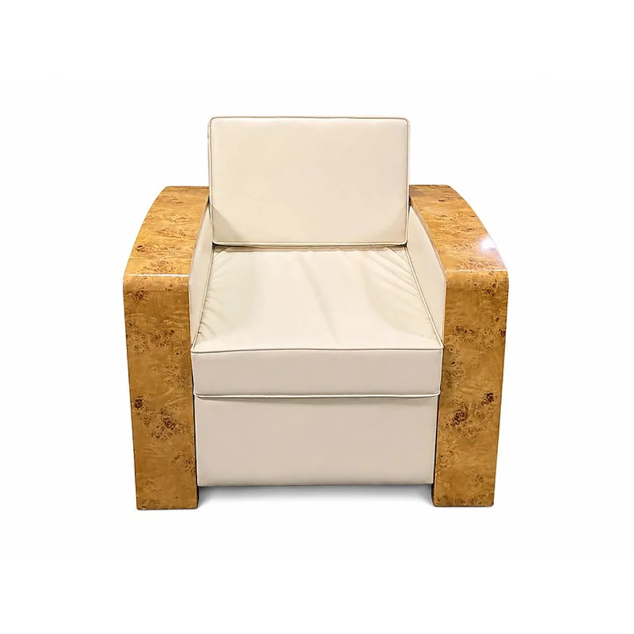 Pair of Art Deco amchairs in briar root and ivory leather, 1950s 4