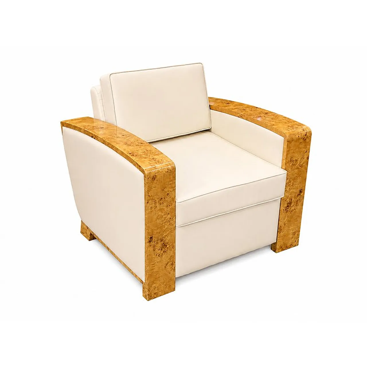 Pair of Art Deco amchairs in briar root and ivory leather, 1950s 5