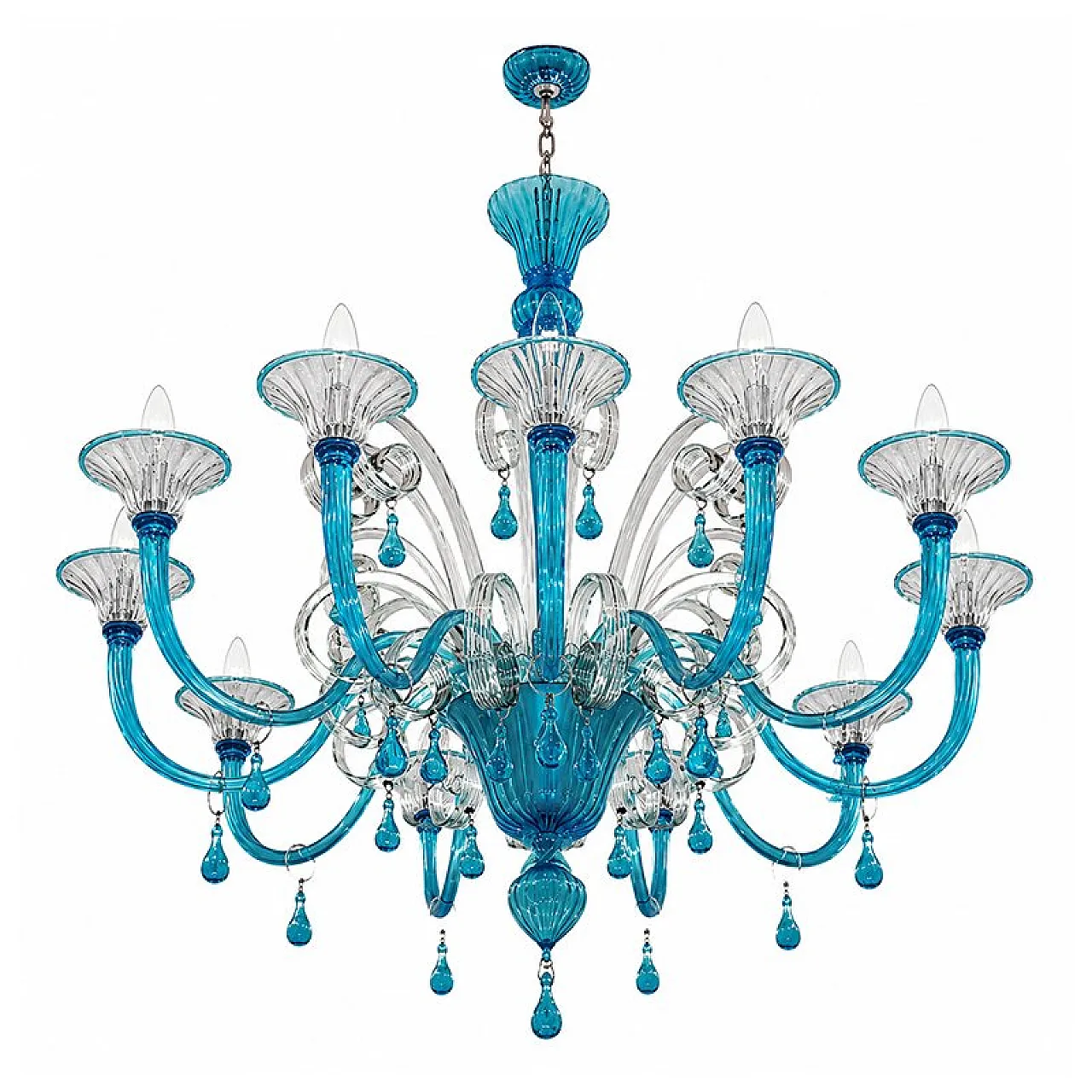 Turquoise and crystal Murano glass 12-light chandelier, 1980s 1