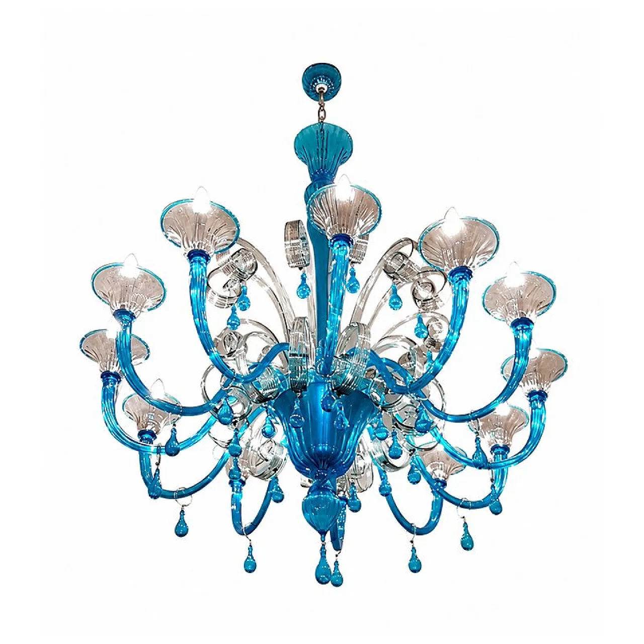 Turquoise and crystal Murano glass 12-light chandelier, 1980s 3