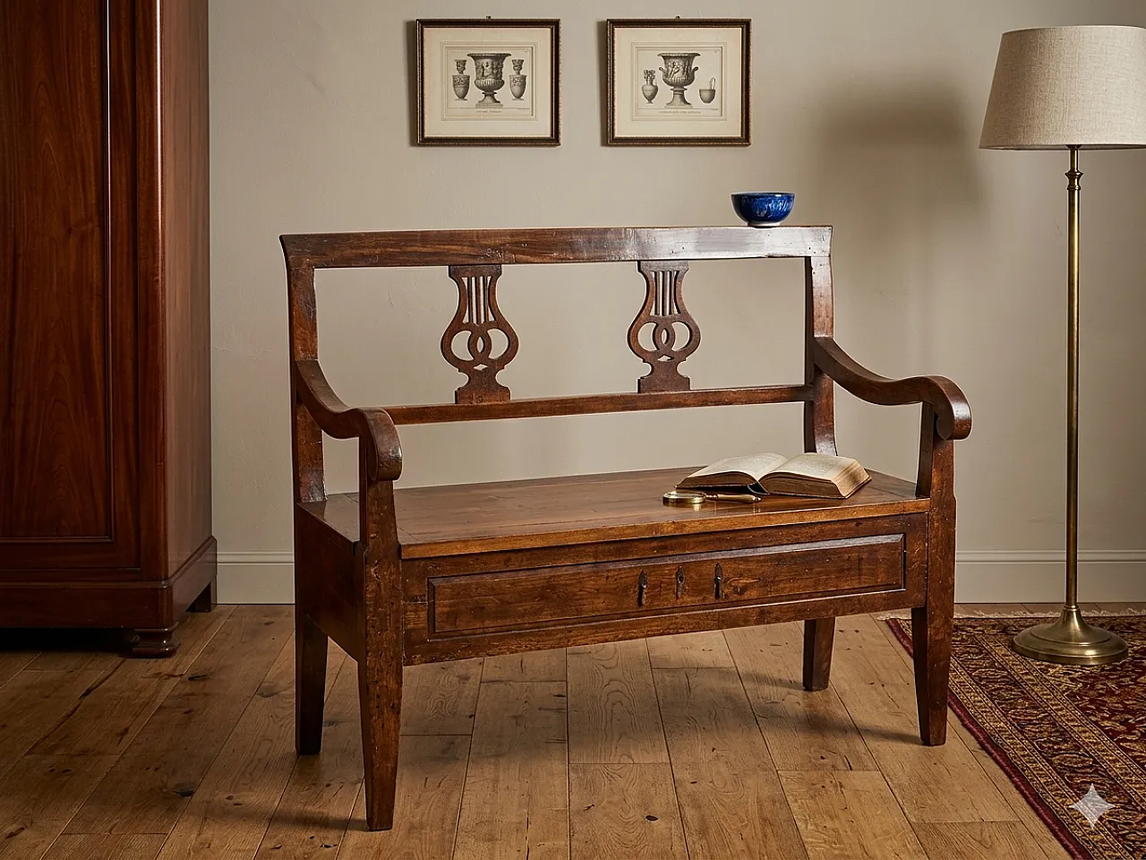 Divano in stile Neoclassico in legno con schienale a lira, anni '50 1