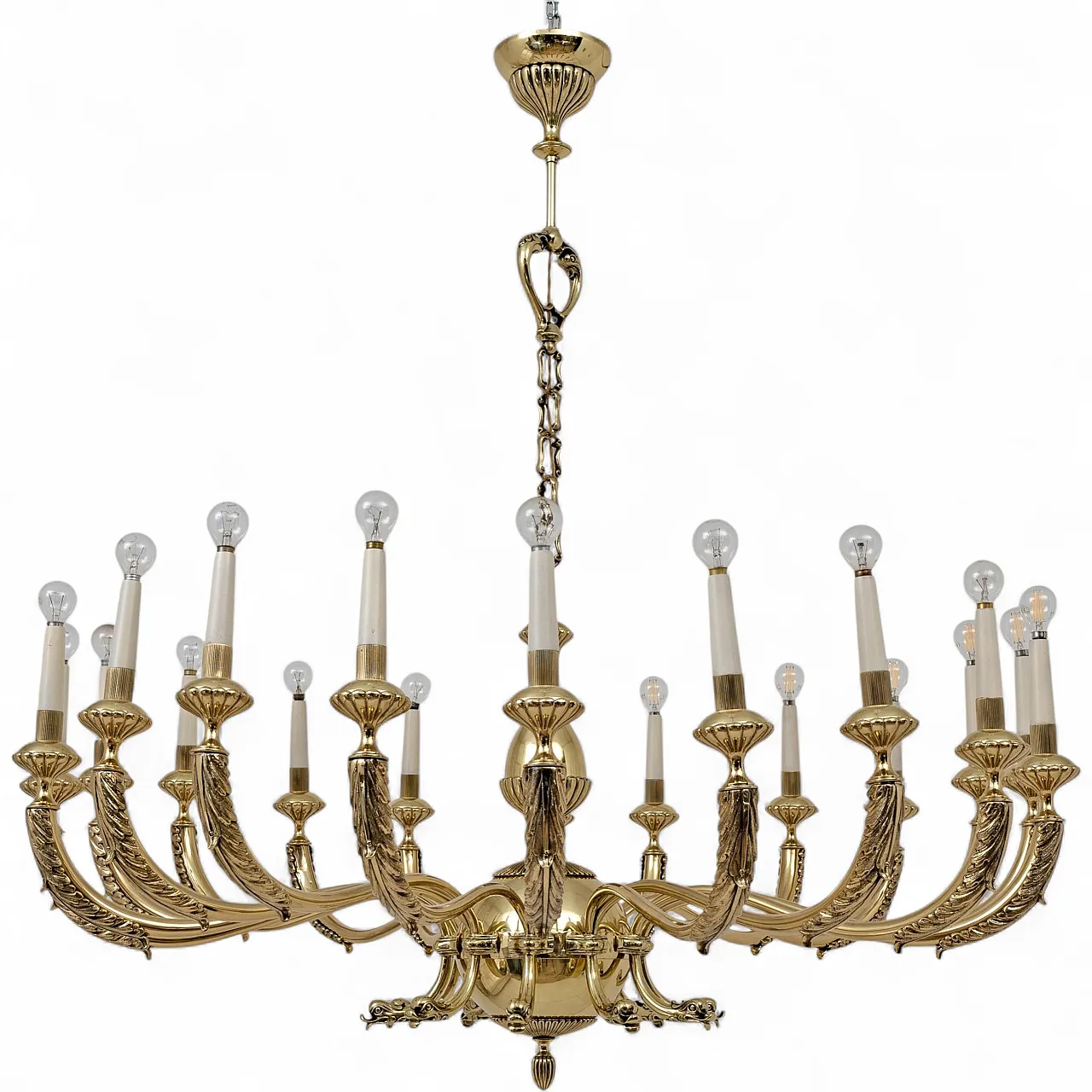 Neoclassical style 20-light brass chandelier, 1950s 11