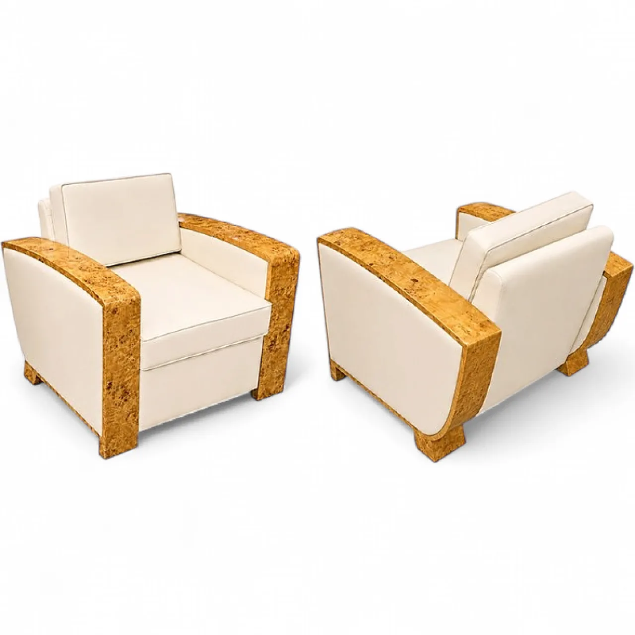 Pair of Art Deco amchairs in briar root and ivory leather, 1950s 7