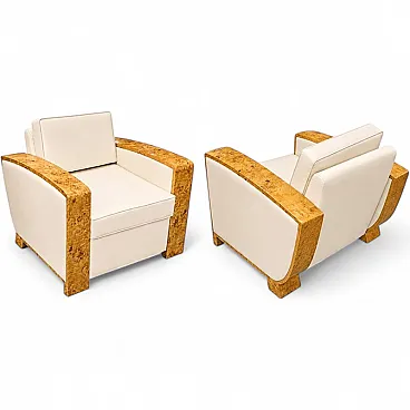 Pair of Art Deco amchairs in briar root and ivory leather, 1950s