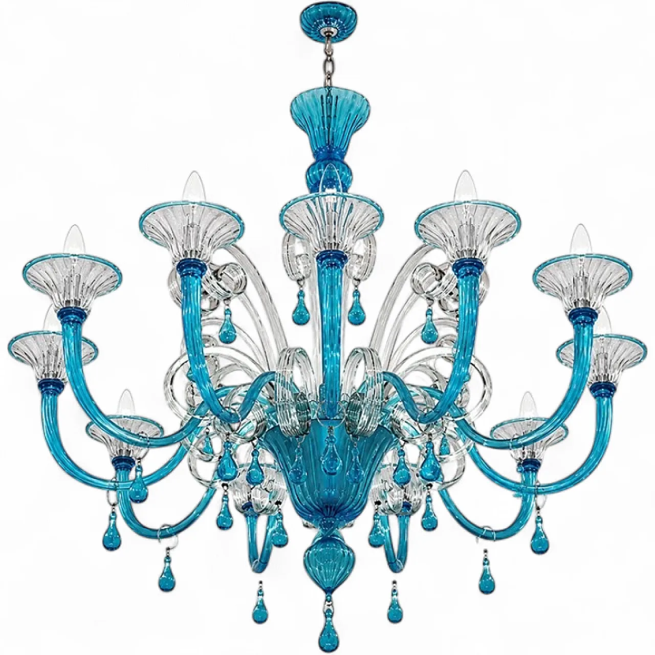 Turquoise and crystal Murano glass 12-light chandelier, 1980s 6