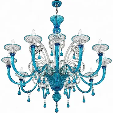 Turquoise and crystal Murano glass 12-light chandelier, 1980s
