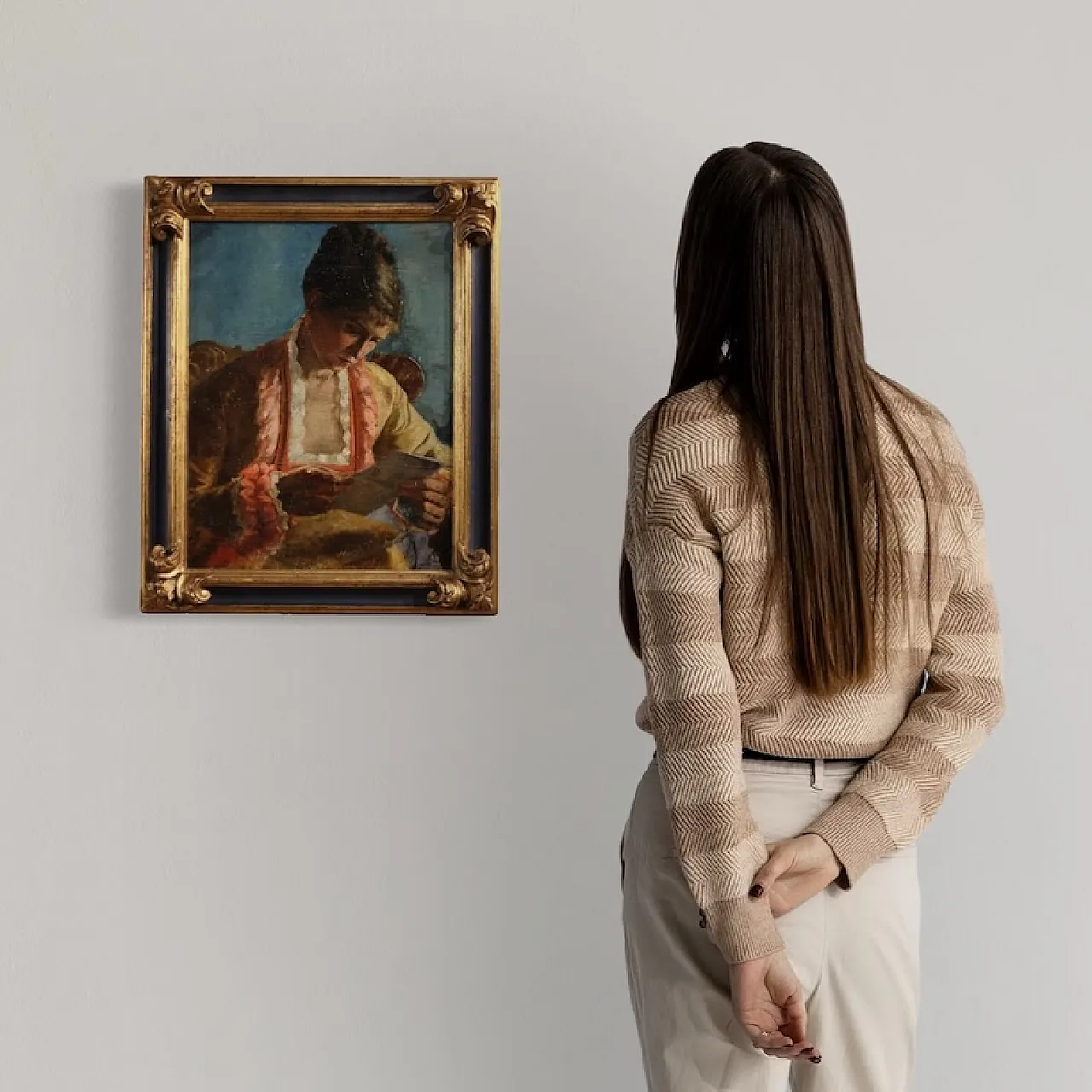 French painting portrait of woman with letter dated 1979 2