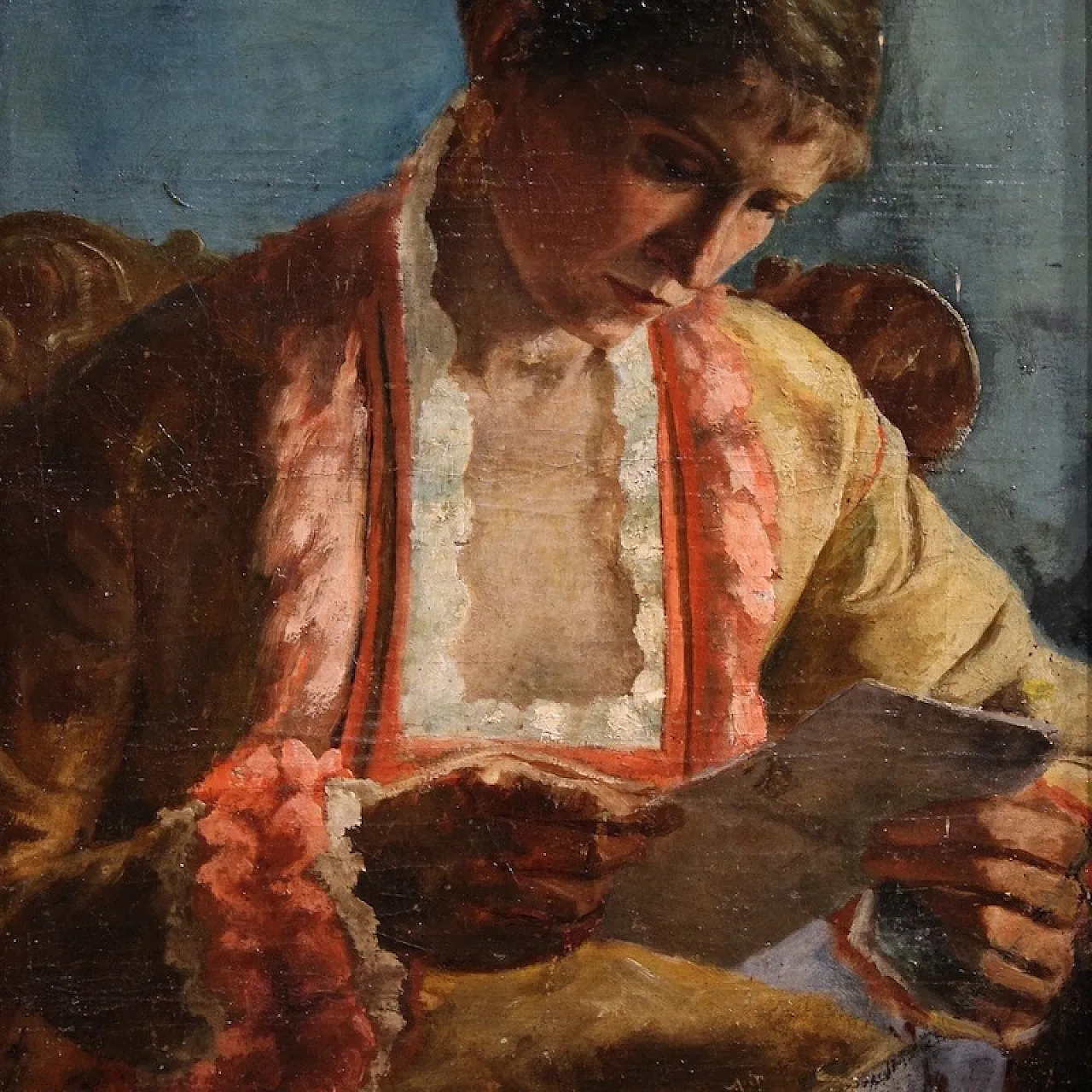 French painting portrait of woman with letter dated 1979 4