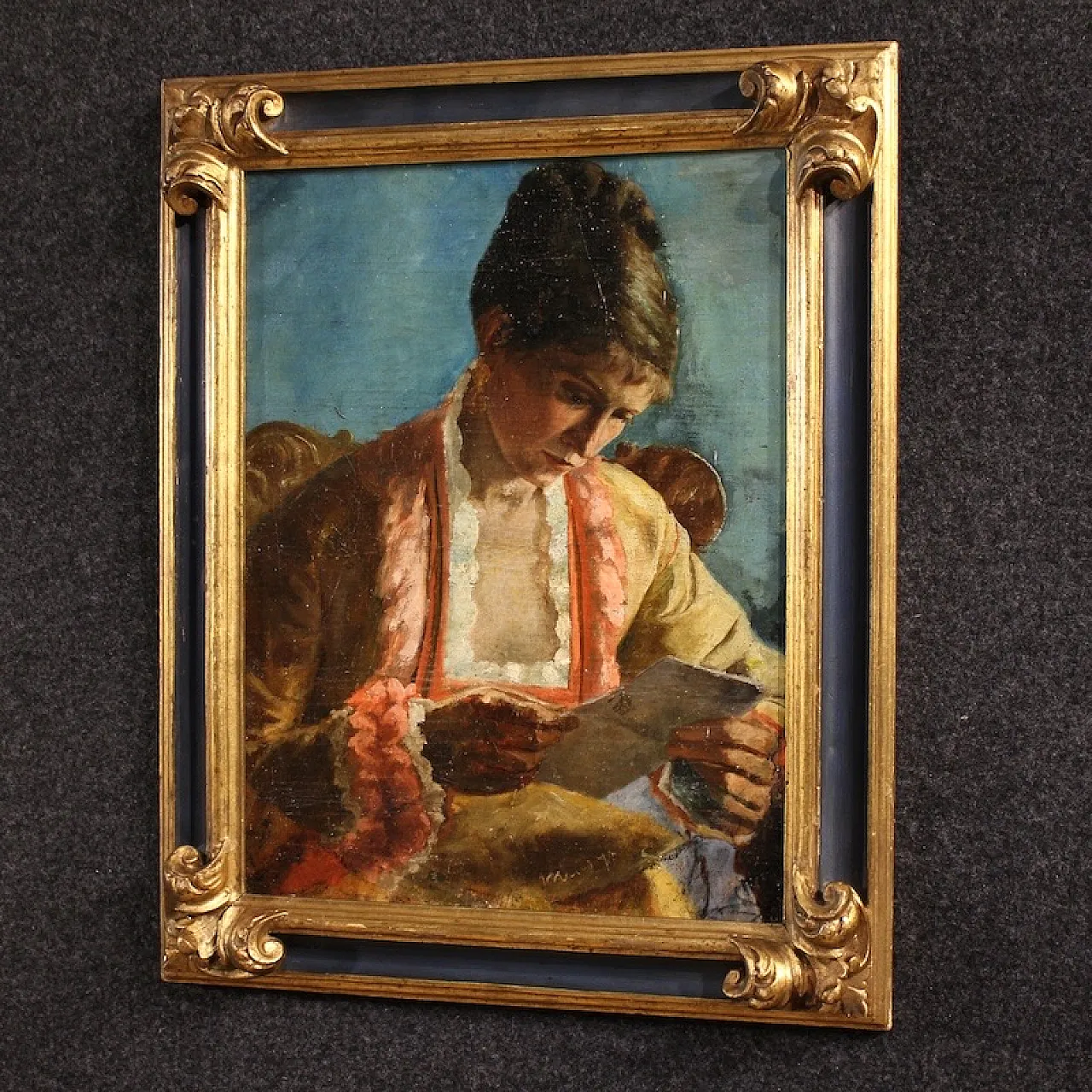French painting portrait of woman with letter dated 1979 14