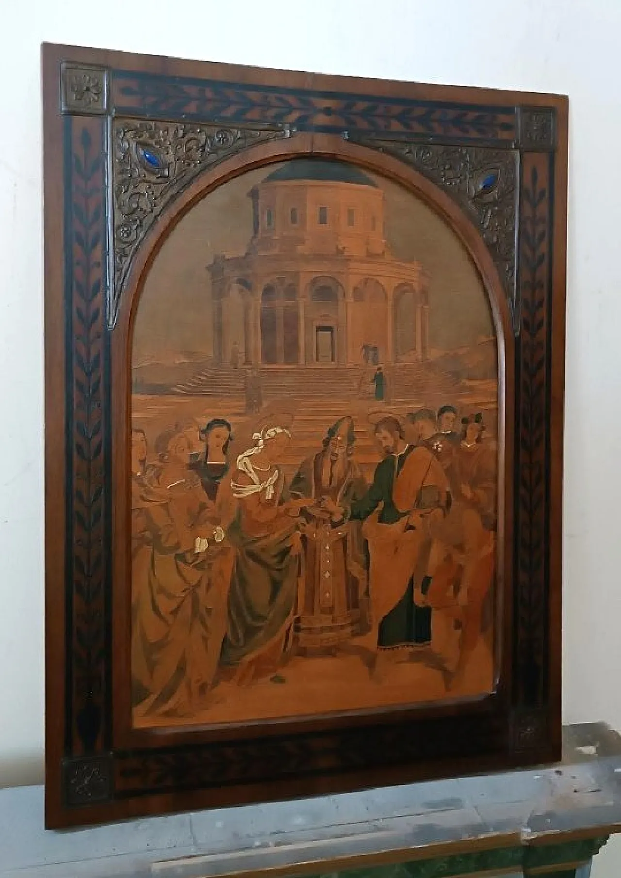 The Marriage of the Virgin, inlaid wooden panel, early 20th century 3