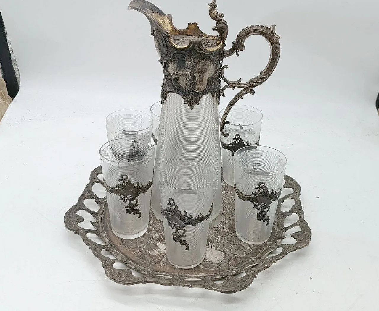 Carafe with 6 glasses in glass and silver-plated brass, 20th century 1