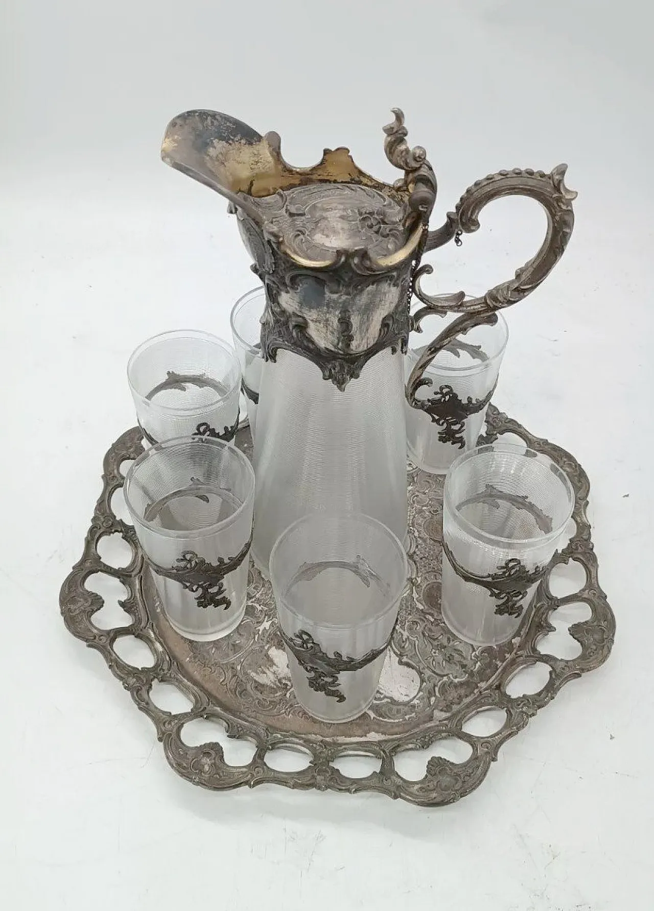 Carafe with 6 glasses in glass and silver-plated brass, 20th century 2