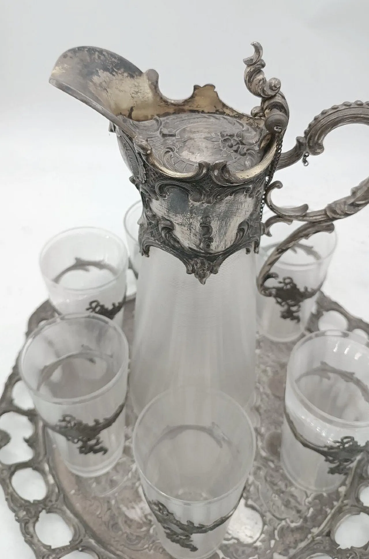 Carafe with 6 glasses in glass and silver-plated brass, 20th century 3