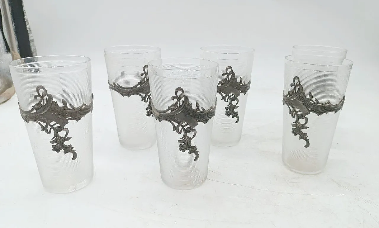 Carafe with 6 glasses in glass and silver-plated brass, 20th century 4