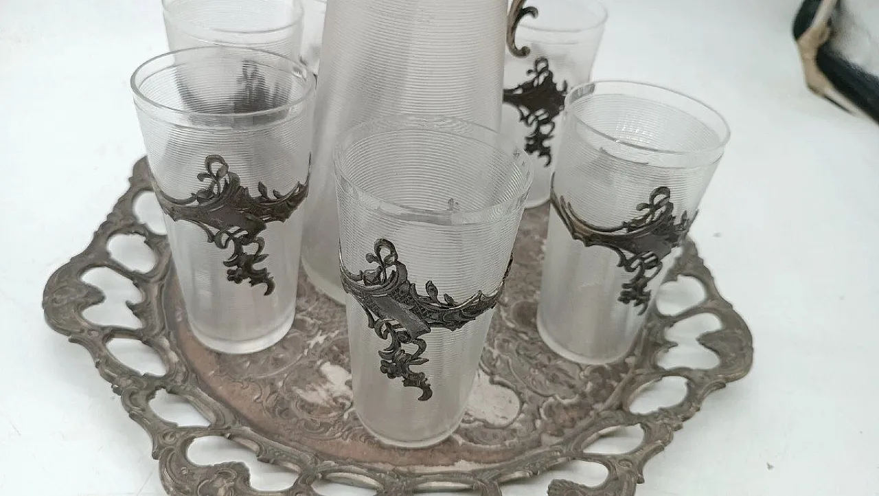 Carafe with 6 glasses in glass and silver-plated brass, 20th century 6