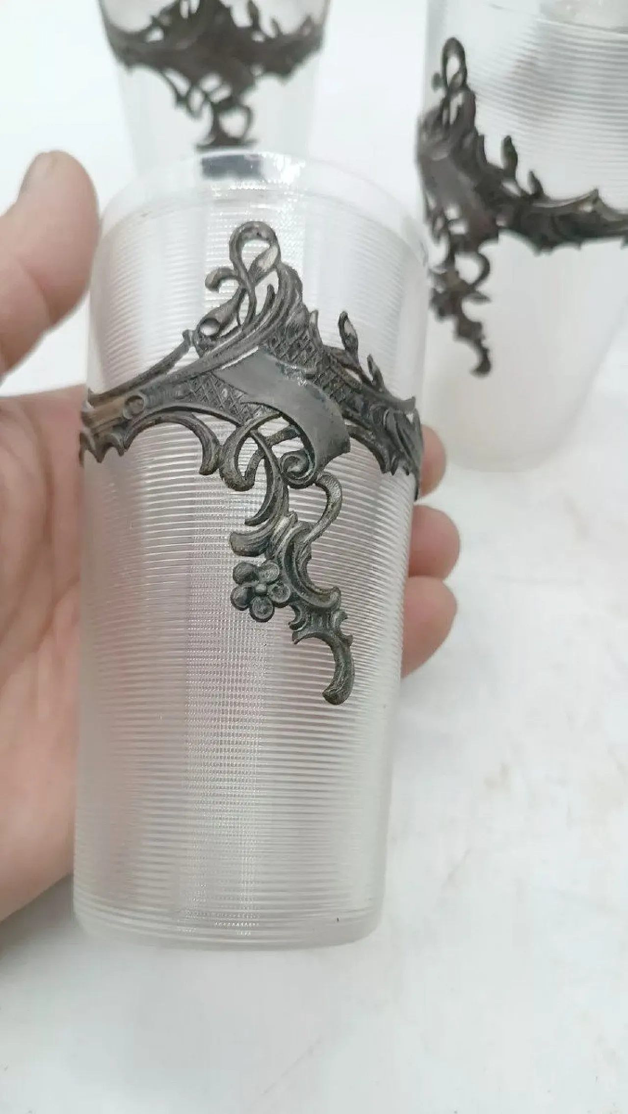 Carafe with 6 glasses in glass and silver-plated brass, 20th century 8