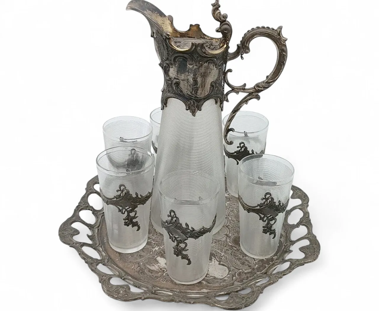 Carafe with 6 glasses in glass and silver-plated brass, 20th century 12