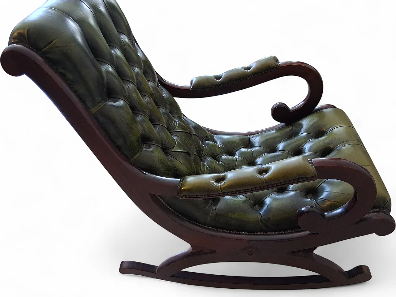 Sedia a dondolo Chesterfield in pelle e legno navale, anni '90 12