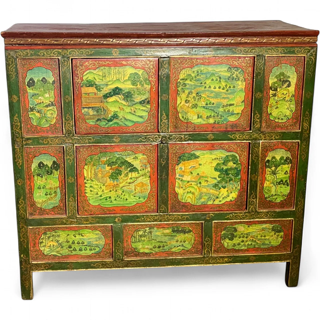 Tibetan sideboard in red and green lacquer, early 20th century 15