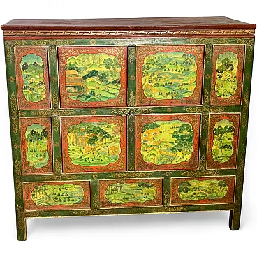 Tibetan sideboard in red and green lacquer, early 20th century