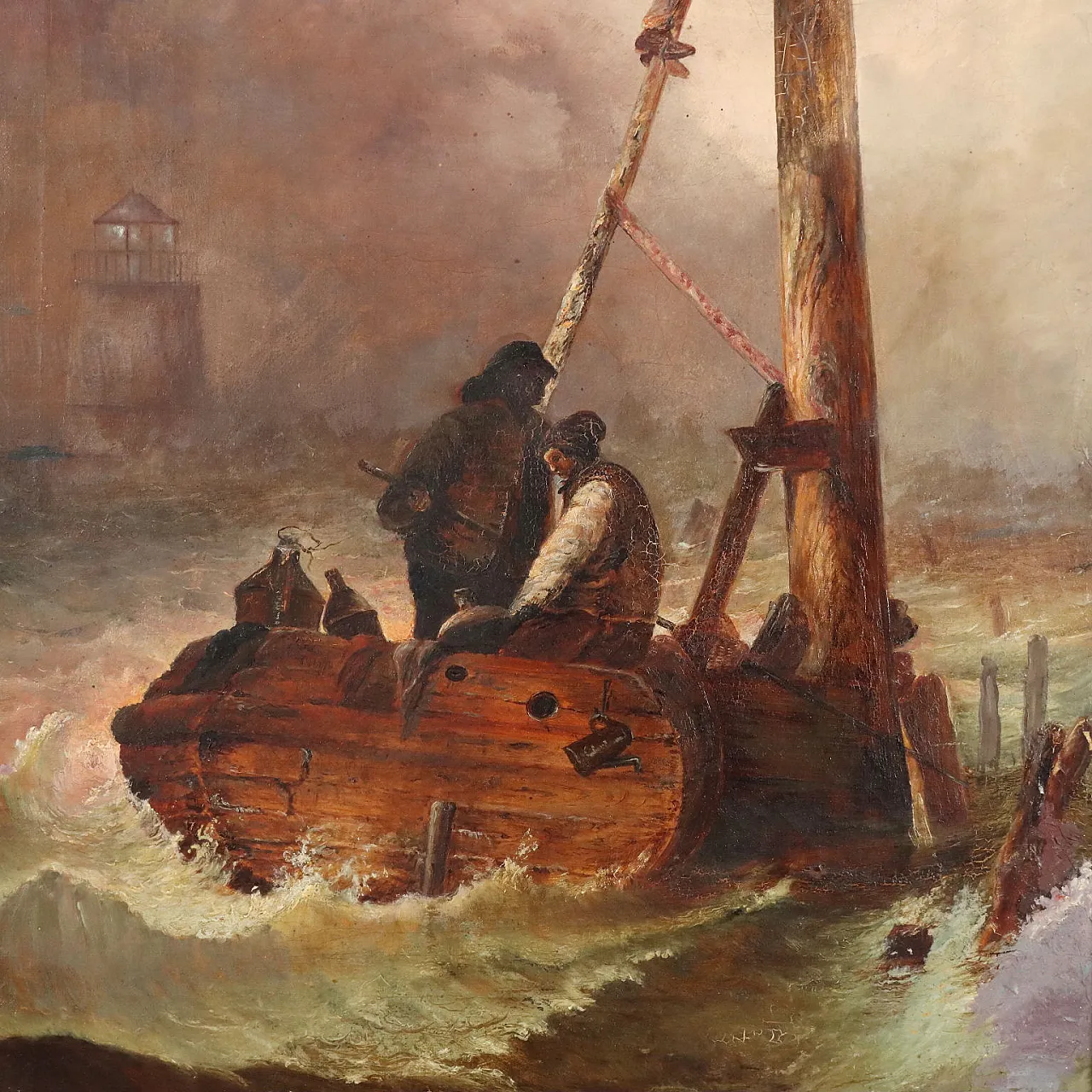 Sailors Lighting the Lighthouse, oil on canvas, 19th century 3