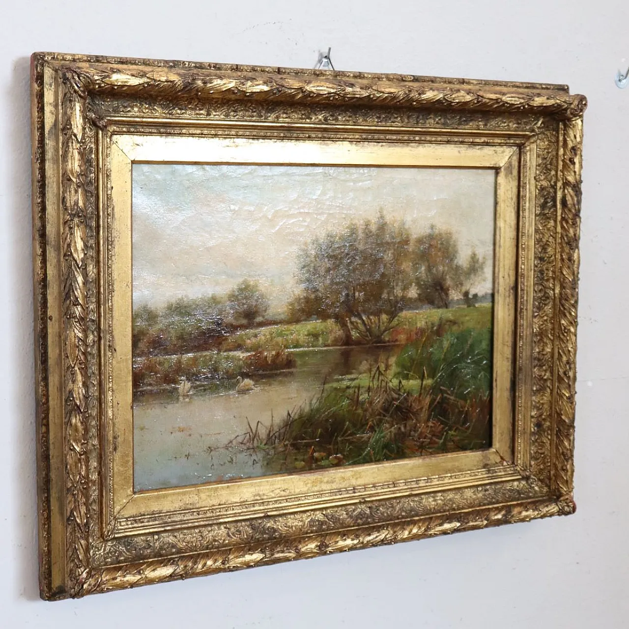Scorcio dell'Avon con cigni, dipinto ad olio su tela, '800 12