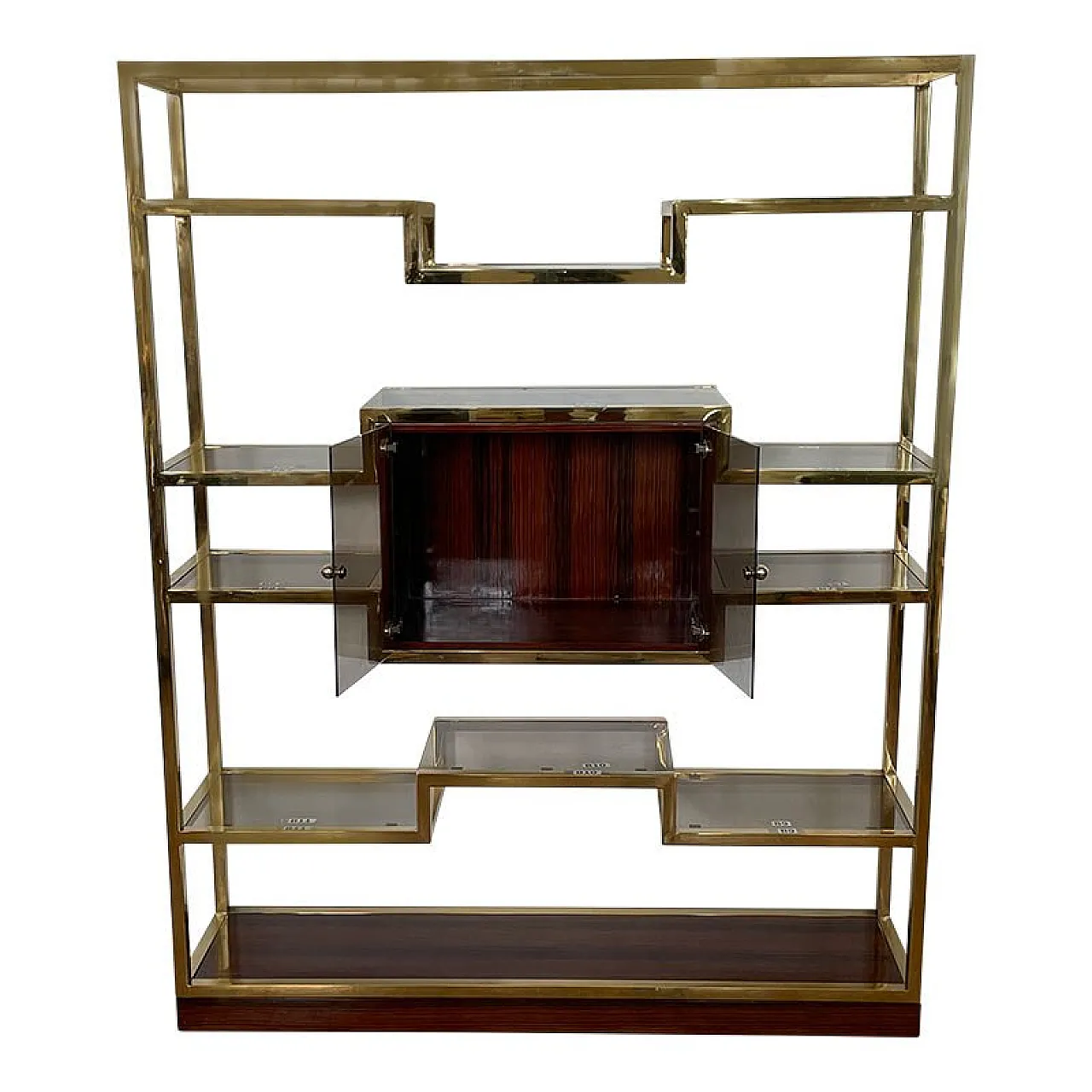 Bookcase with showcase in golden brass and Makassar, 1990s 1