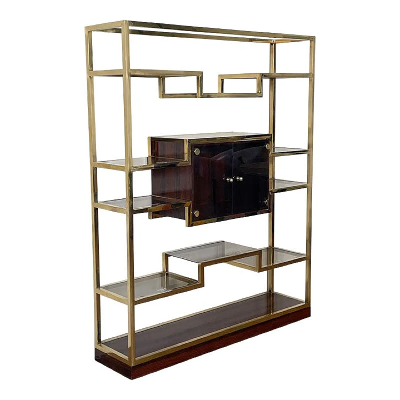 Bookcase with showcase in golden brass and Makassar, 1990s 2