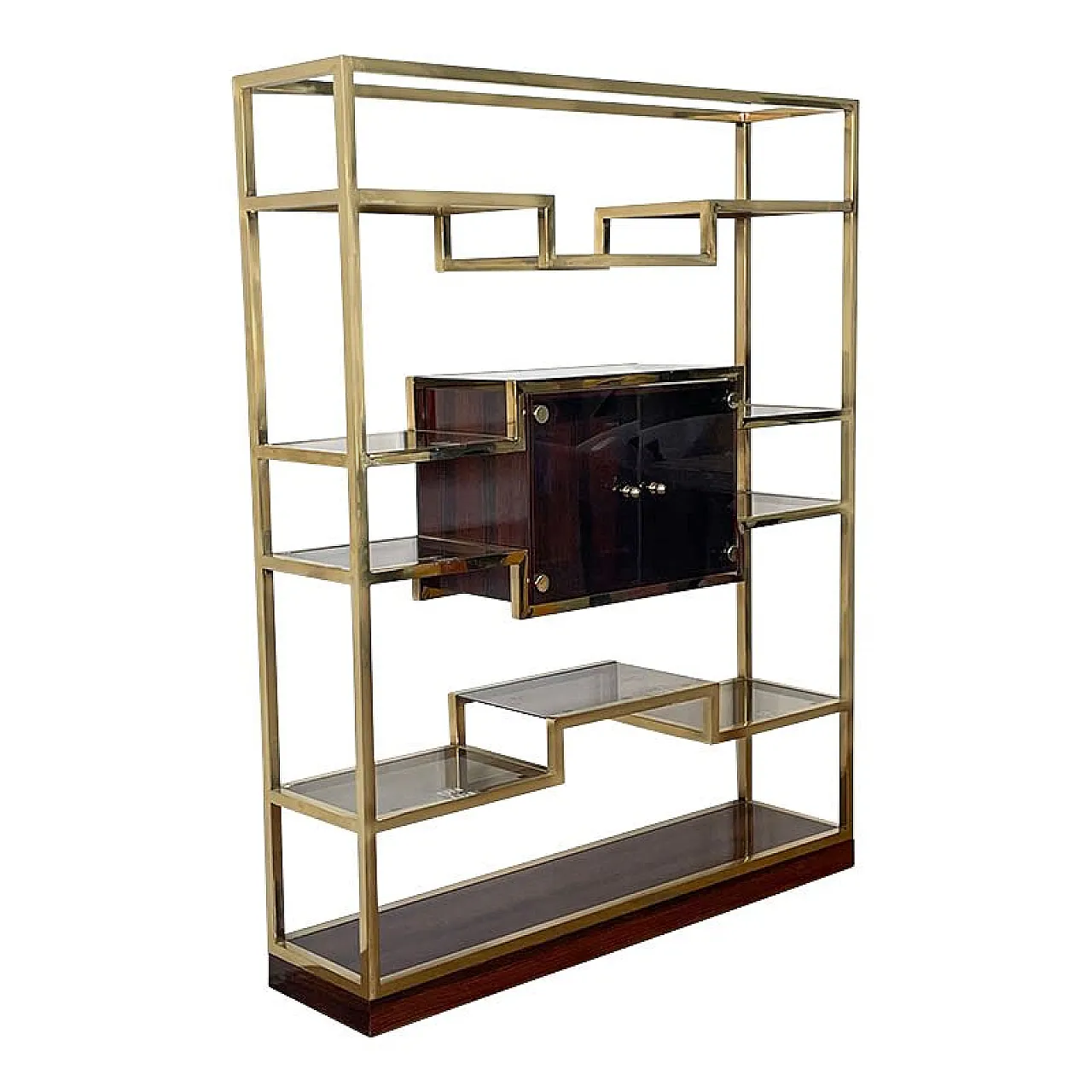 Bookcase with showcase in golden brass and Makassar, 1990s 3