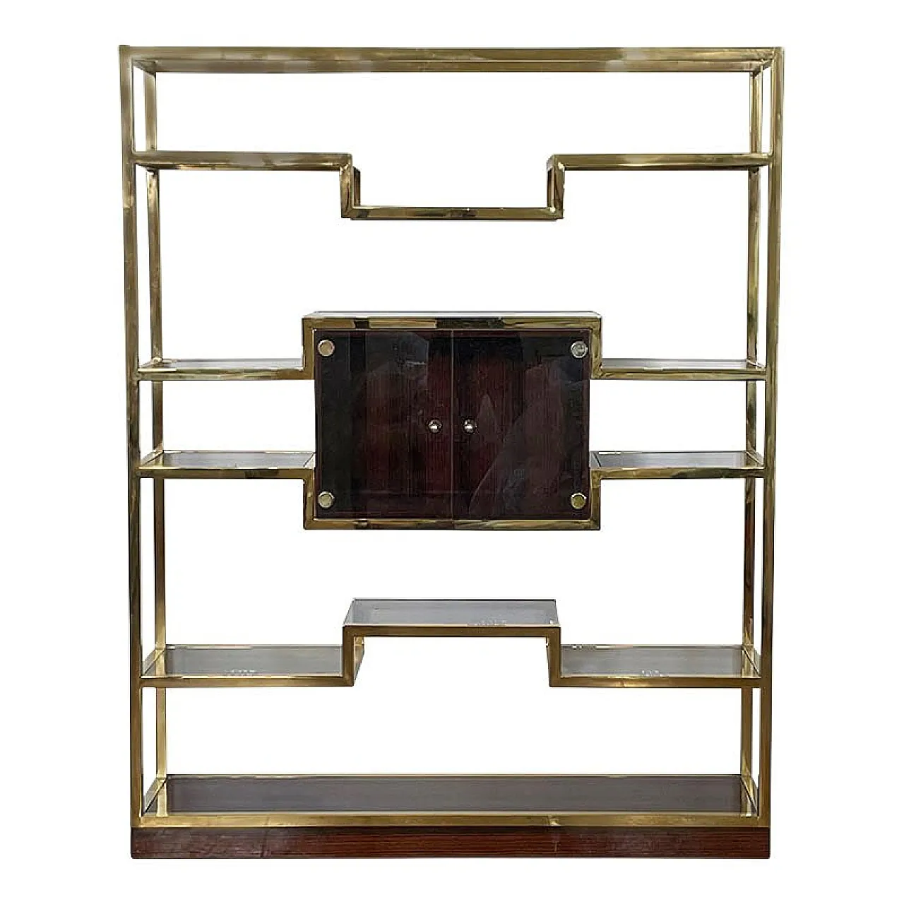 Bookcase with showcase in golden brass and Makassar, 1990s 5
